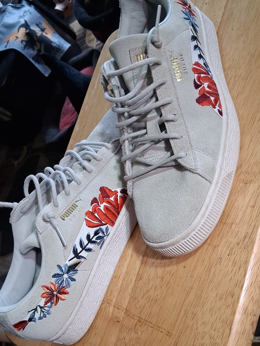 Puma Women's Suede Embroidered Sneakers — Cream with Red & Blue Floral Accents